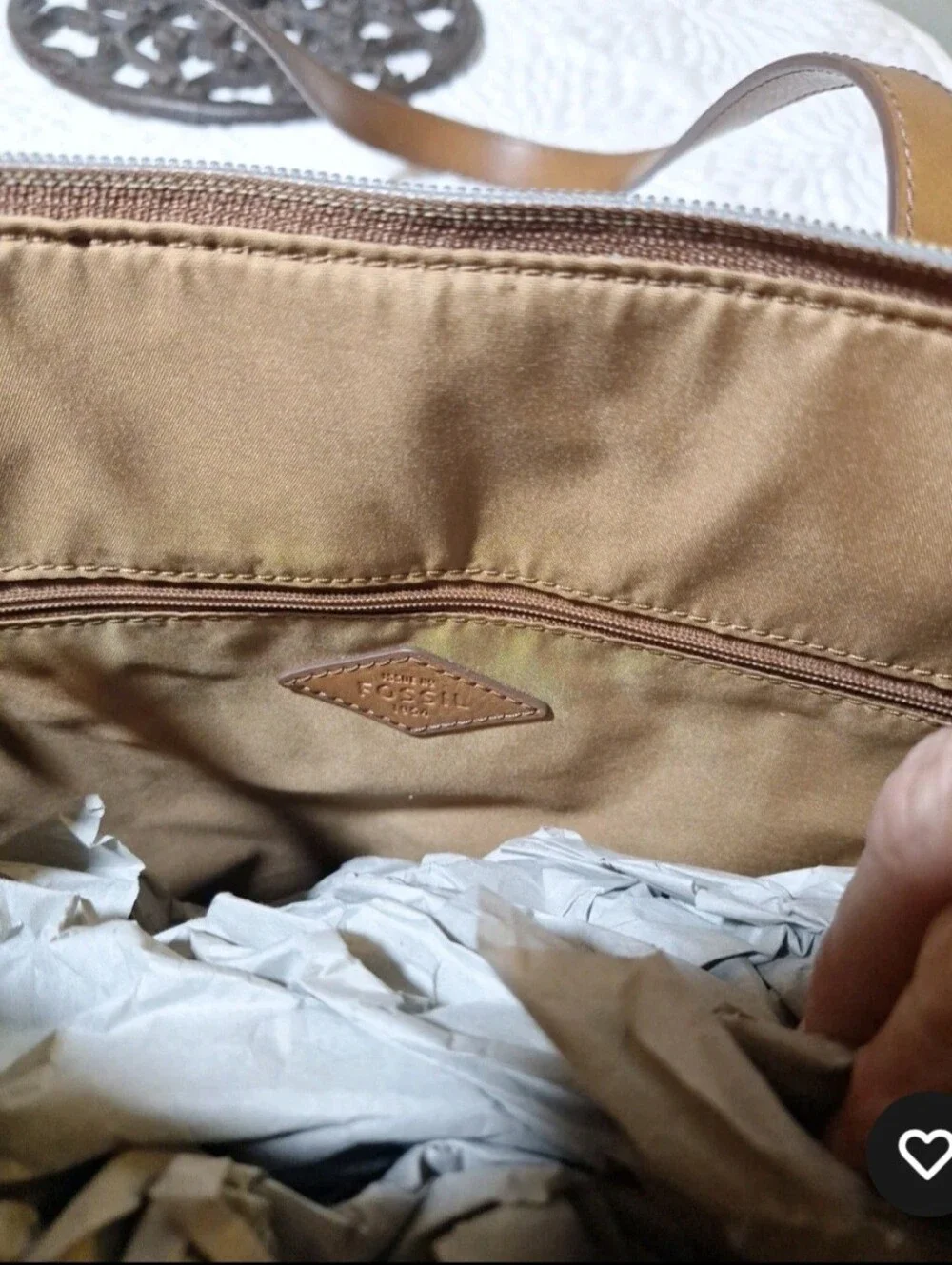 Fossil Gray Patterned Tote with Tan Leather Trim - Picture 4 of 5